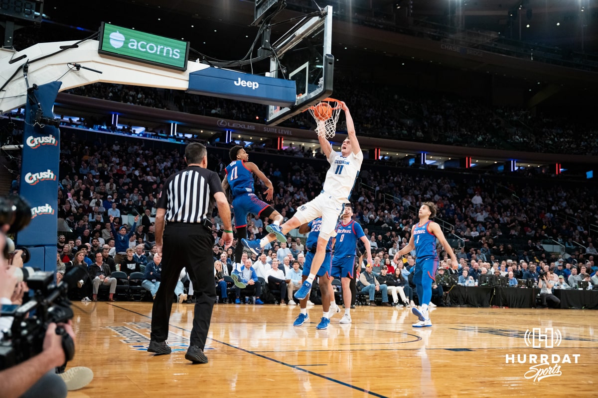 Creighton Bluejay center Ryan Kalkbrenner (11) dunks the ball against the DePaul Blue Demons during the Big East Basketball Tournament, Thursday, March 14, 2025, in New York, New York. Photo by Jordan Arnold.