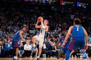 eighton Bluejay guard Ty Davis (9) makes a lay up against the DePaul Blue Demons during the Big East Basketball Tournament, Thursday, March 14, 2025, in New York, New York. Photo by Jordan Arnold.
