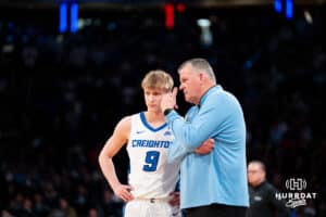 Creighton Bluejay head coach Greg McDermott talks to Ty Davis against the DePaul Blue Demons during the Big East Basketball Tournament, Thursday, March 14, 2025, in New York, New York. Photo by Jordan Arnold.