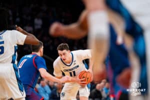 Creighton Bluejay center Ryan Kalkbrenner (11) ready to make a move against DePaul Blue Demon forward Troy D'Amico (0) during the Big East Basketball Tournament, Thursday, March 14, 2025, in New York, New York. Photo by Jordan Arnold.