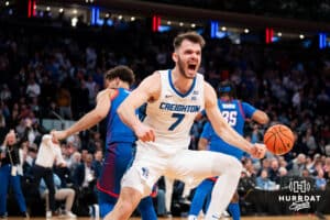 Creighton Bluejay guard Fedor Zugic (7) celebrates a basket against the DePaul Blue Demons during the Big East Basketball Tournament, Thursday, March 14, 2025, in New York, New York. Photo by Jordan Arnold.