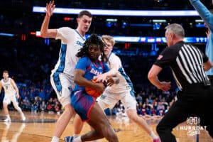 reighton Bluejay guard Ty Davis (9) reaches for the ball against DePaul Blue Demon guard David Thomas (23) during the Big East Basketball Tournament, Thursday, March 14, 2025, in New York, New York. Photo by Jordan Arnold.