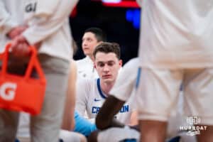 Creighton Bluejay center Ryan Kalkbrenner (11) sitting the huddle at a time out against the DePaul Blue Demons during the Big East Basketball Tournament, Thursday, March 14, 2025, in New York, New York. Photo by Jordan Arnold.