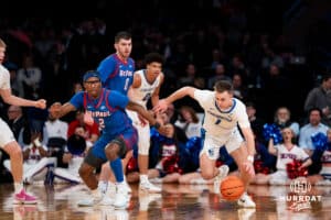Creighton Bluejay guard Steven Ashworth (1) dribbles the ball against the DePaul Blue Demons during the Big East Basketball Tournament, Thursday, March 14, 2025, in New York, New York. Photo by Jordan Arnold.