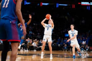 Creighton Bluejay guard Steven Ashworth (1) makes a three-point shot against the DePaul Blue Demons during the Big East Basketball Tournament, Thursday, March 14, 2025, in New York, New York. Photo by Jordan Arnold.