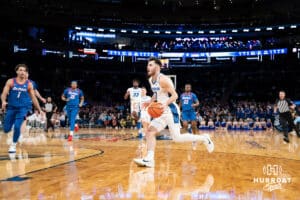 Creighton Bluejay guard Fedor Zugic (7) drives to the basket against the DePaul Blue Demons during the Big East Basketball Tournament, Thursday, March 14, 2025, in New York, New York. Photo by Jordan Arnold.