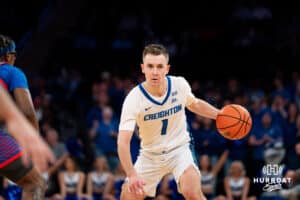 Creighton Bluejay guard Steven Ashworth (1) dribbles the ball against the DePaul Blue Demons during the Big East Basketball Tournament, Thursday, March 14, 2025, in New York, New York. Photo by Jordan Arnold.