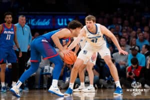 Creighton Bluejay forward Isaac Traudt (41) guards DePaul Blue Demon guard Isaiah Rivera (1) during the Big East Basketball Tournament, Thursday, March 14, 2025, in New York, New York. Photo by Jordan Arnold.