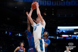 Creighton Bluejay center Ryan Kalkbrenner (11) goes for a lay up against the DePaul Blue Demons during the Big East Basketball Tournament, Thursday, March 14, 2025, in New York, New York. Photo by Jordan Arnold.