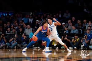 Creighton Bluejay forward Jasen Green (0) defends against DePaul Blue Demon guard Isaiah Rivera (1) during the Big East Basketball Tournament, Thursday, March 14, 2025, in New York, New York. Photo by Jordan Arnold.