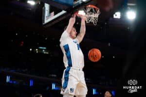 Creighton Bluejay center Ryan Kalkbrenner (11) dunks the ball against the DePaul Blue Demons during the Big East Basketball Tournament, Thursday, March 14, 2025, in New York, New York. Photo by Jordan Arnold.
