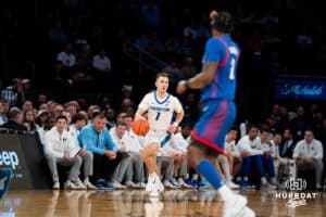 Creighton Bluejay guard Steven Ashworth (1) dribbles the ball against theDePaul Blue Demons during the Big East Basketball Tournament, Thursday, March 14, 2025, in New York, New York. Photo by Jordan Arnold.