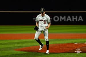 Omaha Maverick Matt Dreher with the closing pitch to end the game during a baseball game at Tal Anderson Field on March 12th, 2025 in Omaha Nebraska. Photo by Collin Stilen.