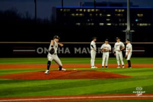 Omaha Mavericks watching Matt Dreher warm up during a baseball game at Tal Anderson Field on March 12th, 2025 in Omaha Nebraska. Photo by Collin Stilen.
