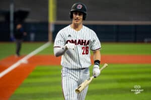 Omaha Maverick Blake Stenger gives some insight to his teammates during a baseball game at Tal Anderson Field on March 12th, 2025 in Omaha Nebraska. Photo by Collin Stilen.