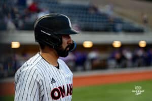 Omaha Maverick Noah Greise on deck to bat during a baseball game at Tal Anderson Field on March 12th, 2025 in Omaha Nebraska. Photo by Collin Stilen.