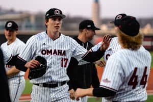 Omaha Maverick Oliver Mabee comes off for the inning after a strikeout during a baseball game at Tal Anderson Field on March 12th, 2025 in Omaha Nebraska. Photo by Collin Stilen.
