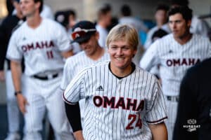 Omaha Maverick Drew Borner is all smiles during a baseball game at Tal Anderson Field on March 12th, 2025 in Omaha Nebraska. Photo by Collin Stilen.