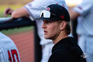 Omaha Maverick Brayden Curtis in the dugout during a baseball game at Tal Anderson Field on March 12th, 2025 in Omaha Nebraska. Photo by Collin Stilen.
