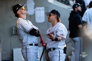 Omaha Mavericks hanging around in the dugout during a baseball game at Tal Anderson Field on March 12th, 2025 in Omaha Nebraska. Photo by Collin Stilen.