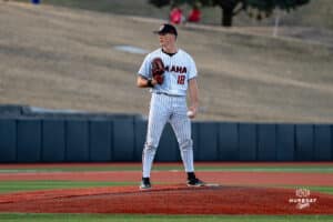 Omaha Maverick Luke Gainer at the mound during a baseball game at Tal Anderson Field on March 12th, 2025 in Omaha Nebraska. Photo by Collin Stilen.