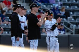 Omaha Mavericks clap for their teammates during a baseball game at Tal Anderson Field on March 12th, 2025 in Omaha Nebraska. Photo by Collin Stilen.