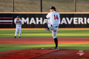 Omaha Maverick Tanner Foerstch ready to pitch during a baseball game at Tal Anderson Field on March 12th, 2025 in Omaha Nebraska. Photo by Collin Stilen.