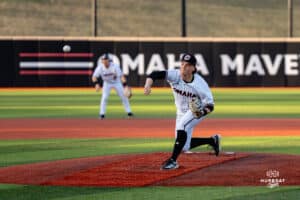 Omaha Maverick Tanner Foerstch pitches during a baseball game at Tal Anderson Field on March 12th, 2025 in Omaha Nebraska. Photo by Collin Stilen.