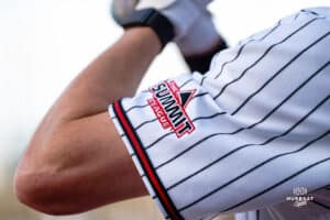 Omaha Mavericks wearing the patch for the league they are apart of during a baseball game at Tal Anderson Field on March 12th, 2025 in Omaha Nebraska. Photo by Collin Stilen.