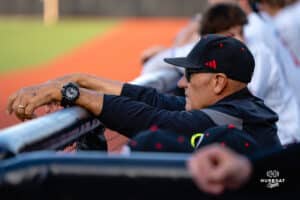 Omaha Maverick assistant coach John Manganaro during a baseball game at Tal Anderson Field on March 12th, 2025 in Omaha Nebraska. Photo by Collin Stilen.