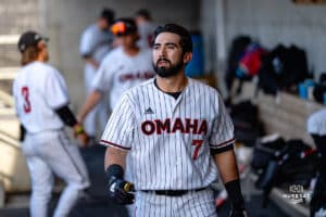 Omaha Maverick Noah Greise in the dugout during a baseball game at Tal Anderson Field on March 12th, 2025 in Omaha Nebraska. Photo by Collin Stilen.