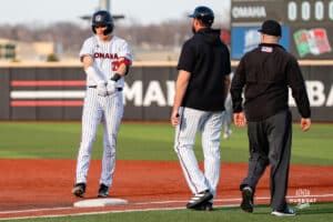 Omaha Maverick Jackson Trout celebrates a base hit during a baseball game at Tal Anderson Field on March 12th, 2025 in Omaha Nebraska. Photo by Collin Stilen.