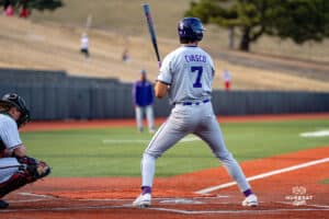 Kansas State Wildcat AJ Evasco from Lincoln East at the plate during a baseball game at Tal Anderson Field on March 12th, 2025 in Omaha Nebraska. Photo by Collin Stilen.