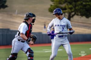 Kansas State Wildcat AJ Evasco strikes out at the plate during a baseball game at Tal Anderson Field on March 12th, 2025 in Omaha Nebraska. Photo by Collin Stilen.