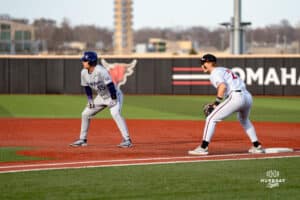 Kansas State Wildcat Kyan Lodice at first base during a baseball game at Tal Anderson Field on March 12th, 2025 in Omaha Nebraska. Photo by Collin Stilen.