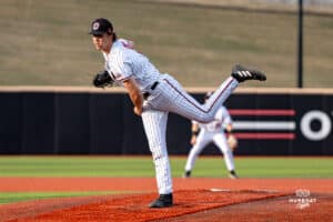 Omaha Maverick Carter Mick throws a pitch during a baseball game at Tal Anderson Field on March 12th, 2025 in Omaha Nebraska. Photo by Collin Stilen.
