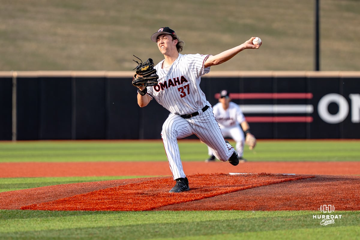Omaha Maverick Carter Mick throws a pitch during a baseball game at Tal Anderson Field on March 12th, 2025 in Omaha Nebraska. Photo by Collin Stilen.