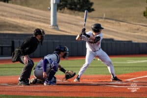 Omaha Maverick Cardel Dick at the plate during a baseball game at Tal Anderson Field on March 12th, 2025 in Omaha Nebraska. Photo by Collin Stilen.