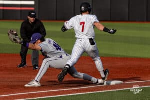 Omaha Maverick Noah Greise comes up short on the run to first base during a baseball game at Tal Anderson Field on March 12th, 2025 in Omaha Nebraska. Photo by Collin Stilen.