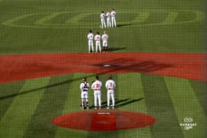 Omaha Mavericks during the national anthem during a baseball game at Tal Anderson Field on March 12th, 2025 in Omaha Nebraska. Photo by Collin Stilen.