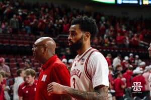 Nebraska Basketball player Brice Williams comes out of game during a college basketball game on March 09, 2025 in Lincoln, Nebraska. Photo by Logan Hock.