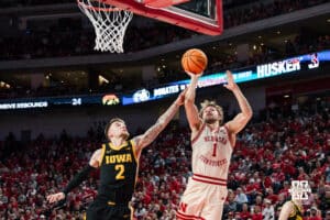Nebraska Basketball player Sam Hoiberg takes a shot during a college basketball game on March 09, 2025 in Lincoln, Nebraska. Photo by Logan Hock.