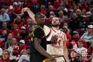 Nebraska Basketball player Rollie Worster watches his shot during a college basketball game on March 09, 2025 in Lincoln, Nebraska. Photo by Logan Hock.