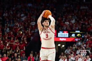 Nebraska Basketball player Berke Buyuktuncel shoots a free throw during a college basketball game on March 09, 2025 in Lincoln, Nebraska. Photo by Logan Hock.