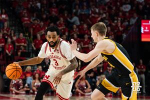 Nebraska Basketball player Brice Williams rushes to the hoop during a college basketball game on March 09, 2025 in Lincoln, Nebraska. Photo by Logan Hock.