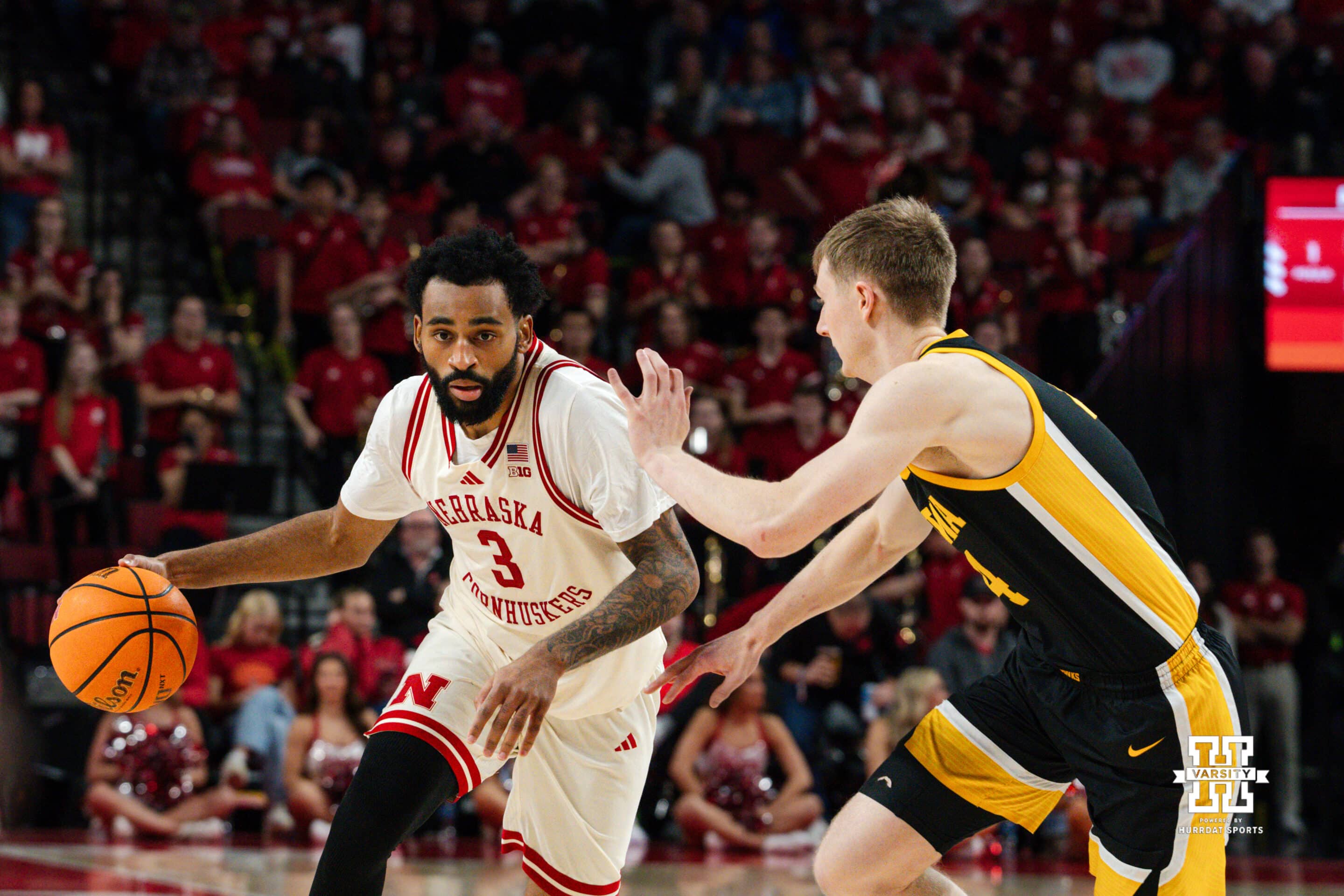 Nebraska Basketball player Brice Williams rushes to the hoop during a college basketball game on March 09, 2025 in Lincoln, Nebraska. Photo by Logan Hock.