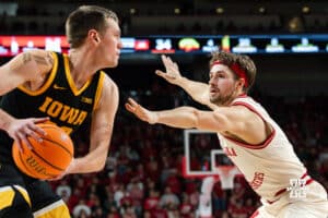 Nebraska Basketball player Sam Hoiberg playing defense during a college basketball game on March 09, 2025 in Lincoln, Nebraska. Photo by Logan Hock.