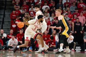 Nebraska Basketball player Brice Williams looks for an open lane during a college basketball game on March 09, 2025 in Lincoln, Nebraska. Photo by Logan Hock.