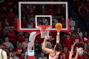 Nebraska Basketball player Andrew Morgan shoots a lay-up during a college basketball game on March 09, 2025 in Lincoln, Nebraska. Photo by Logan Hock.