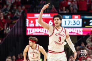 Nebraska Basketball player Berke Buyuktuncel celebrates a three-pointer during a college basketball game on March 09, 2025 in Lincoln, Nebraska. Photo by Logan Hock.